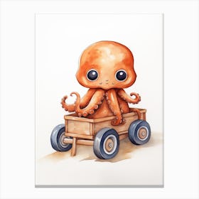 Baby Octopus On A Toy Car, Watercolour Nursery 2 Canvas Print