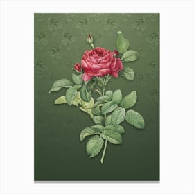Vintage Red Gallic Rose Botanical on Lunar Green Pattern n.1095 Canvas Print