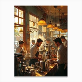 A Busy Cafe Scene Captured In Impressionist Style Barista Bustling Amidst The Morning Rush Meticul (5) Canvas Print