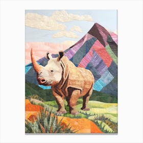 Patchwork Rhino With Mountain In The Background 2 Canvas Print