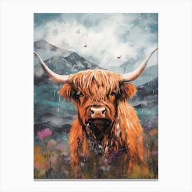 Cloudy Painting Style Of Highland Cow In Storm Canvas Print