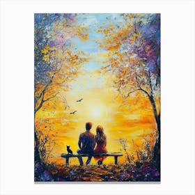 Couple Sitting On Bench At Sunset, Romance And Love Canvas Print