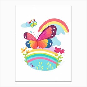 Butterfly On Rainbow Scandi Cartoon 1 Canvas Print
