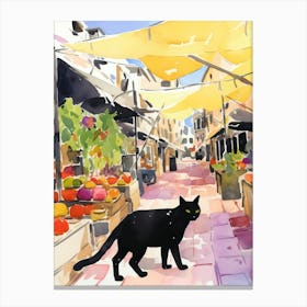 Food Market With Cats In Ibiza 3 Watercolour Canvas Print