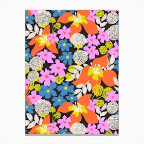 Bold And Vibrant Red Pink Blue On Black Floral Pattern Canvas Print