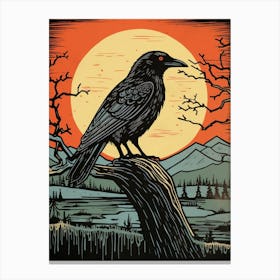 Vintage Bird Linocut Raven 2 Canvas Print