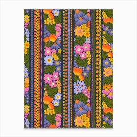 Folk Art Floral Stripes Vibrant Multicolor Flowers - Dark Canvas Print