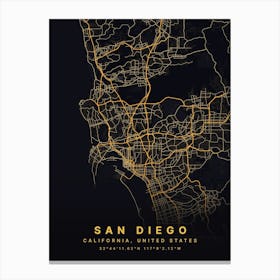 San Diego California USA Black And Gold Map Canvas Print