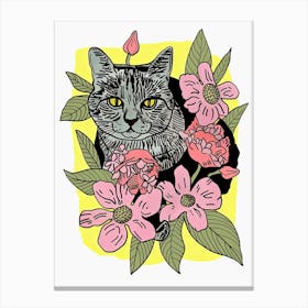 Cute Bengal Cat With Flowers Illustration 3 Canvas Print