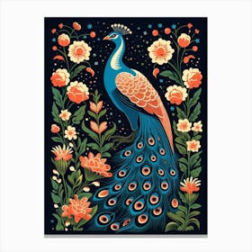 Vintage Bird Linocut Peacock 3 Canvas Print