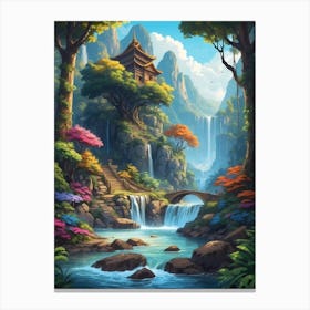 Asian Landscape With Waterfall Canvas Print