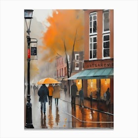 Amsterdam cafes, autumn season, rain, autumn oil colours.Faded colours,People passing on the street, winter clothes, rain umbrellas.4 3 Canvas Print