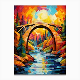 Old Stone Bridge at Sunrise, Abstract Vibrant Colorful Painting in Van Gogh Style Canvas Print