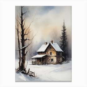 Rustic Winter Oil Painting Vintage Cottage (1) Canvas Print