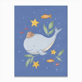 Happy while with fish & star fish with blue background Canvas Print