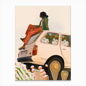 Girl Sitting On Car Roof With Flowers Canvas Print