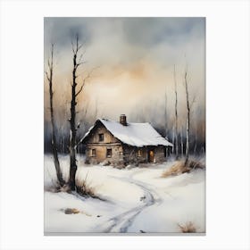 Rustic Winter Oil Painting Vintage Cottage (28) Canvas Print