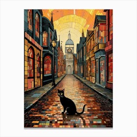 Mosaic Black Cat In A Vintage Sunset Street Canvas Print