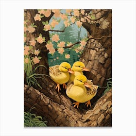 Duck & Duckling In The Flowers Japanese Woodblock Style 1 Canvas Print