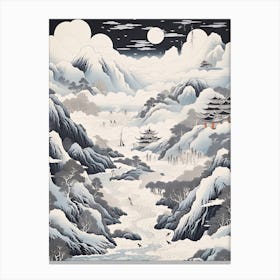 The Japanese Alps In Multiple Prefectures, Ukiyo E Black And White Line Art Drawing 1 Canvas Print