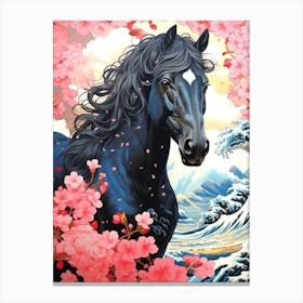 Black Horse With Cherry Blossoms Canvas Print