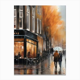 Amsterdam cafes, autumn, autumn oil colours, pastel colours, pedestrians in the street, winter clothes.2 Canvas Print