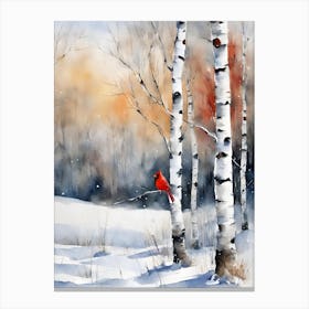 Birch Trees in Winter with Cardinal Canvas Print