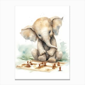 Elephant Painting Playing Chess Watercolour 2 Canvas Print