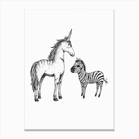 A Unicorn & Zebra Black And White 3 Canvas Print