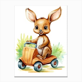 Baby Kangaroo On Toy Car, Watercolour Nursery 2 Canvas Print