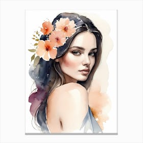 Floral Woman Portrait Watercolor Painting (12) Canvas Print