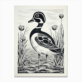 B&W Bird Linocut Wood Duck 2 Canvas Print