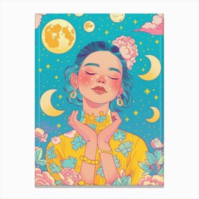 Girl With Flowers And Moon 1 Canvas Print