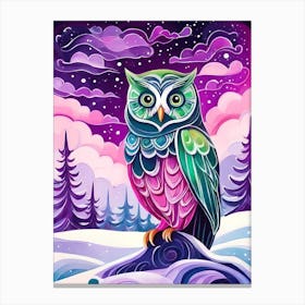 Pink Owl Snowy Landscape Painting (91) Canvas Print