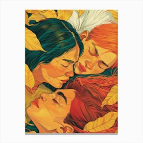 Three Girls Sleeping In Autumn Leaves Canvas Print