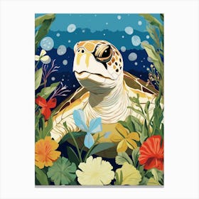 Modern Illustration Of Sea Turtle & Flowers 2 Canvas Print