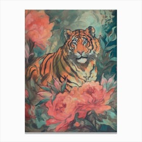 Tiger In Pink Peonies Canvas Print
