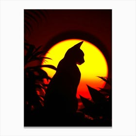 Silhouette Of Cat At Sunset Canvas Print