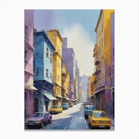 Colored Painting Of A Cityscape,Indigo And Yellow,Purple (7) Canvas Print