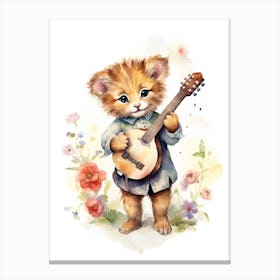 Playing Music Watercolour Lion Art Painting 3 Canvas Print