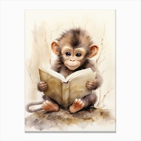 Monkey Painting Reading Watercolour 1 Canvas Print