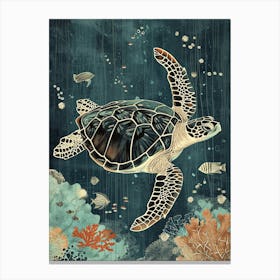 Sea Turtle With The Fish Screen Print Inspired Canvas Print