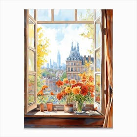 Window View Of Frankfurt Germany In Autumn Fall, Watercolour 2 Canvas Print