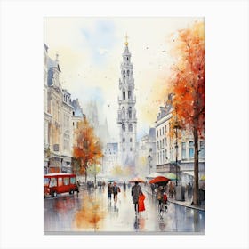 Brussels Belgium In Autumn Fall, Watercolour 4 Canvas Print