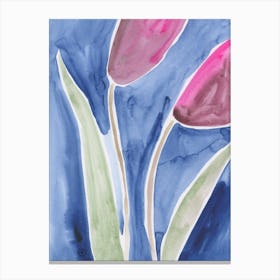 Tulip On Blue 2 - floral watercolor blue green magenta Canvas Print