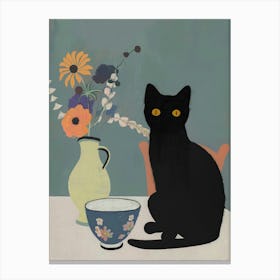 Black Cat Print Still Life With Flowers And Tea Funny Canvas Print