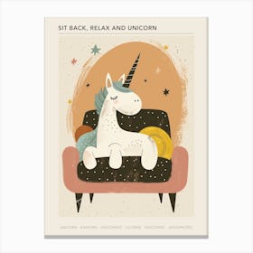 Unicorn Relaxing On The Sofa Muted Pastels 3 Poster Canvas Print