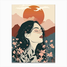 Girl With Flowers And Sunset Canvas Print