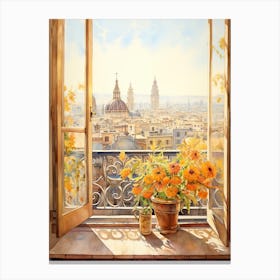 Window View Of Barcelona Spain In Autumn Fall, Watercolour 2 Canvas Print