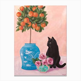 Chinoiserie Black Cat And Orange Tree Canvas Print